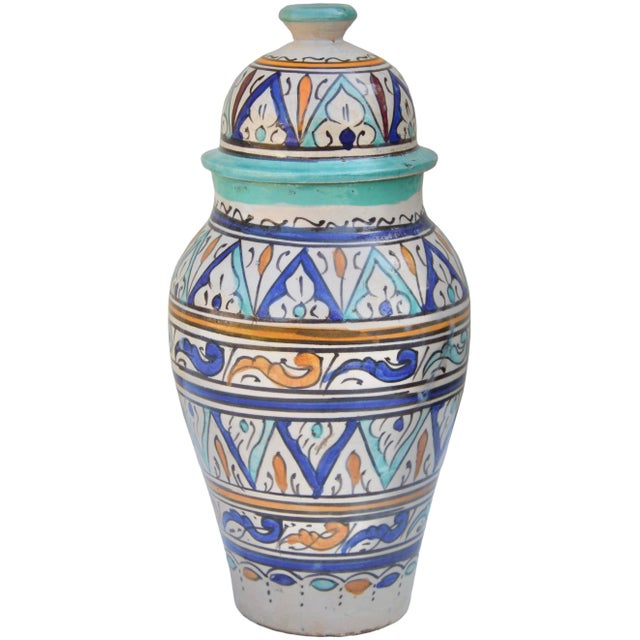 Moroccan Early 20th Century Handmade Colorful Moroccan Ceramic-Art Lidded Vase For Sale - Image 3 of 12