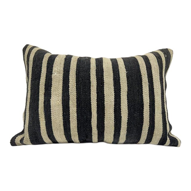 Turkish Hemp Pillow Cushion Natural Beige Black Pillow Cushion Cover 16" x 24" For Sale