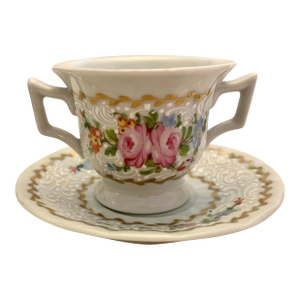 Vintage Limoges Hand Painted Miniature Signed Floral Tea Cup and Saucer Set, Signed Made in France