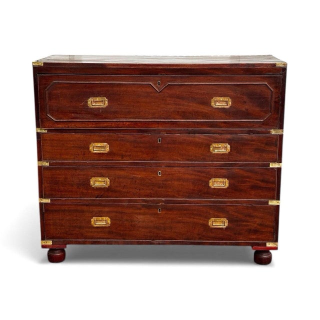Mahogany Campaign Secretaire Chest Of Drawers. Top open and folds down to provide a writing area with drawers and pigeon...
