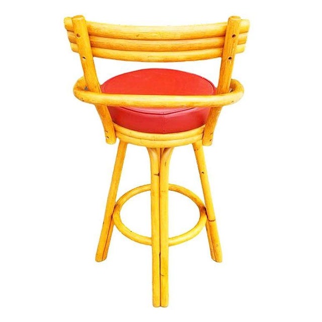 Restored Mid-Century Rattan Stacked Bar Swivel Stools W/ Red Seat, Set of 4 For Sale In Los Angeles - Image 6 of 7