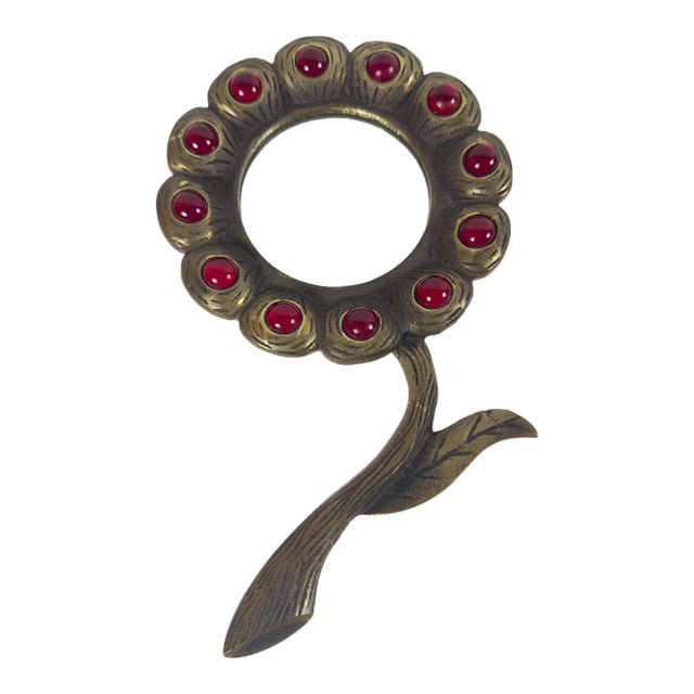 Vintage Brass Floral Hand Mirror With Red Glass Cabochons, Art Nouveau Style For Sale