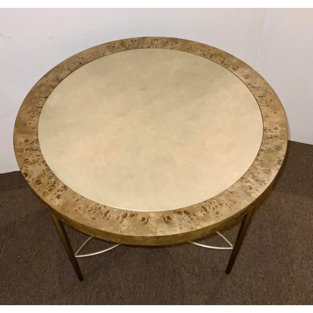 Original Retail $3,247, stylish Jonathan Charles Modern Burl Wood Fulgurite Side Table, silver finished metal base, beige...