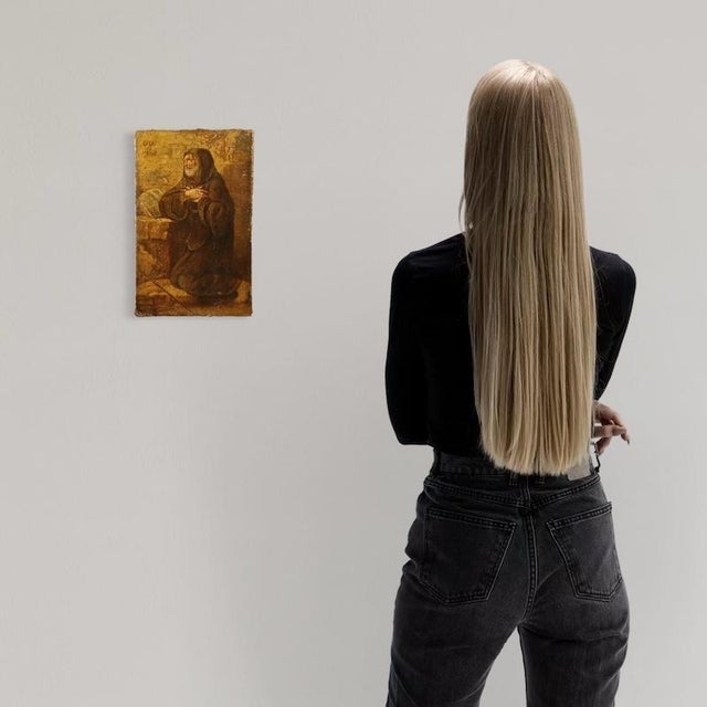 Antique 17th-century Italian painting. Oil on canvas artwork depicting a religious subject, Saint Francis of Paola, of...