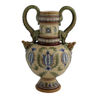 Antique Villeroy & Boch Mettlach Art Nouveau Vase W/ Dragon Handles For Sale