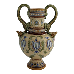 Antique Villeroy & Boch Mettlach Art Nouveau Vase W/ Dragon Handles