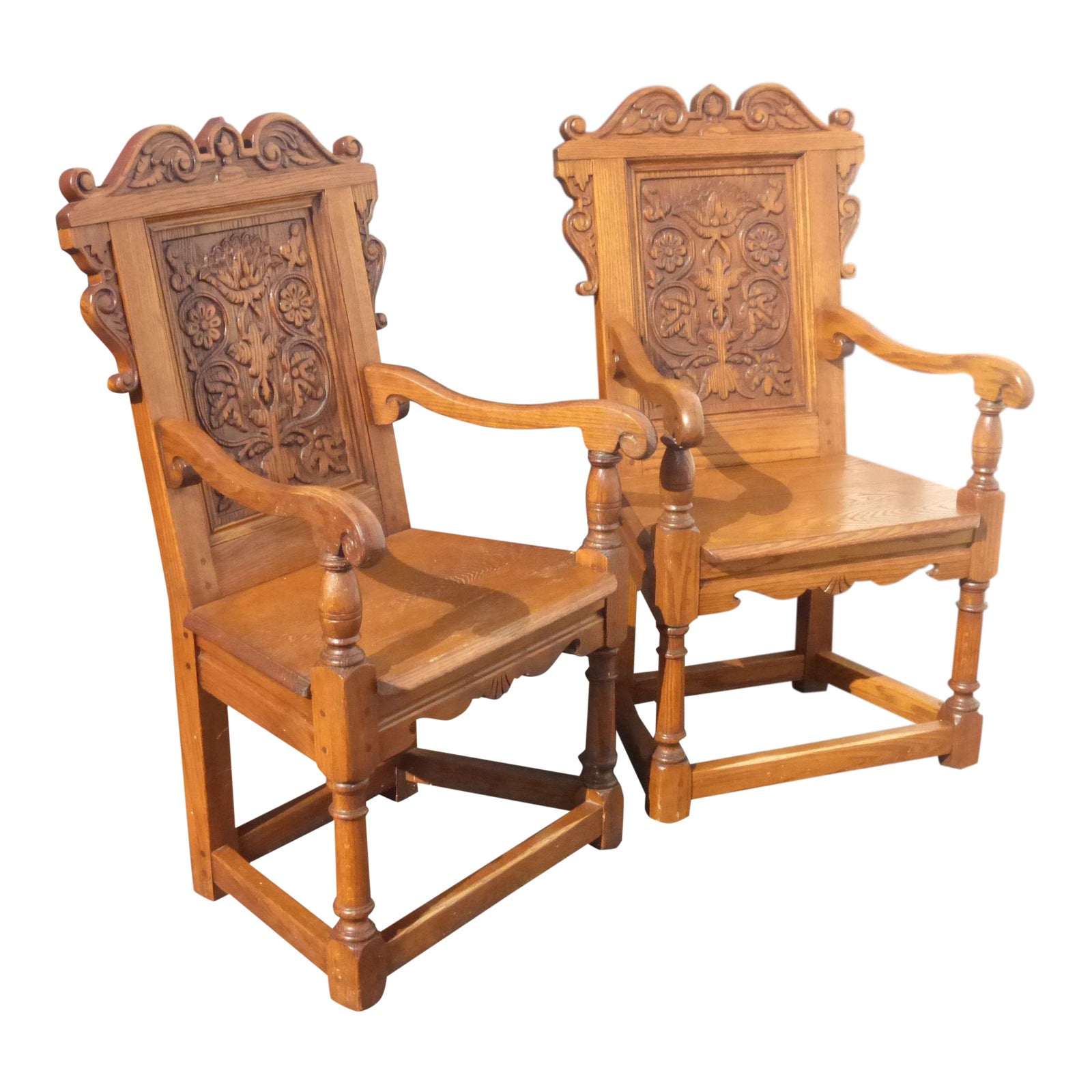 1970s Vintage Oak Wood Ornately Carved Spanish Style Arm Chairs A Pair