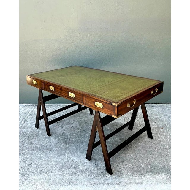 Campaign Vintage Wood and Leather Campaign Desk For Sale - Image 3 of 12