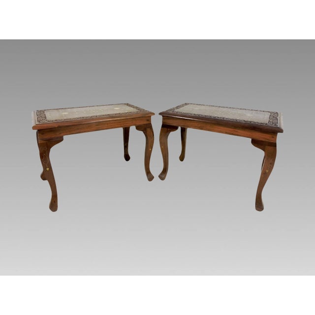 Late 20th Century Inlaid Solid Teak Side / End, Drinks Tables, Hand Carved With Copper & Brass, Glass Tops - A Pair For Sale - Image 5 of 9