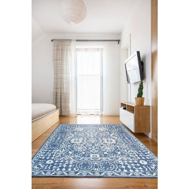 10x14 Blue Hand-Knotted Wool Bamboo Silk Framed Floral Garden Geometric Carpet For Sale - Image 11 of 13