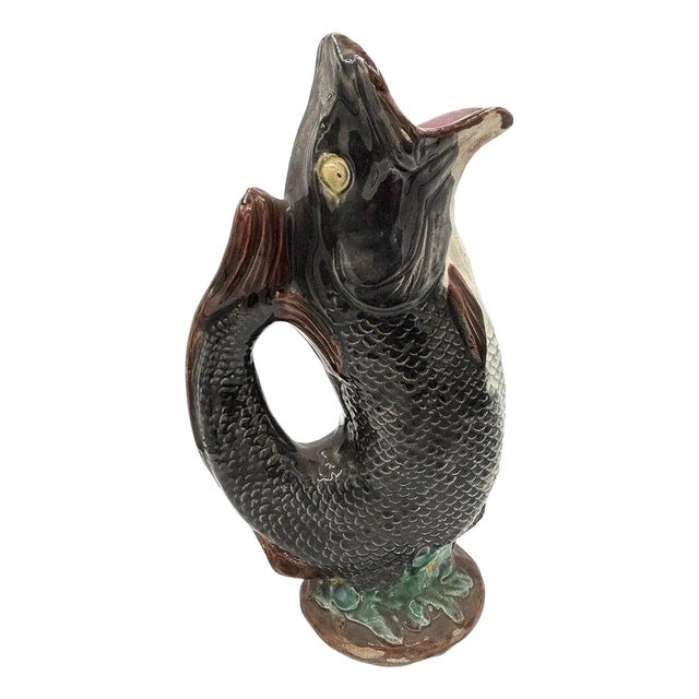 Late 19th Century Victorian Hand Painted Majolica Gurgle Fish Ceramic Pitcher For Sale