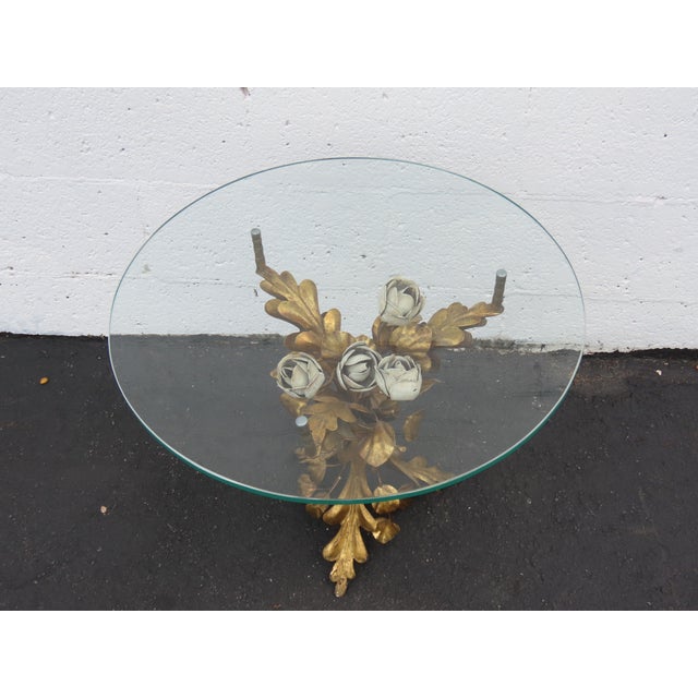 Hollywood Regency Floral and Gold Painted Finish Glass Top Coffee Table 6646 For Sale - Image 14 of 15