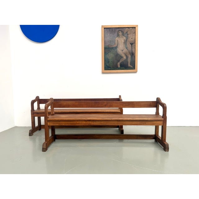 Vintage Oak Community Benches, 1950s, Set of 2 For Sale - Image 3 of 18