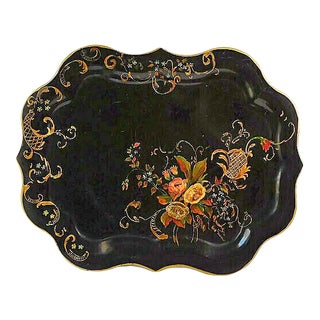 Antique Early 20th Century Large Hand Painted Toleware Tray For Sale