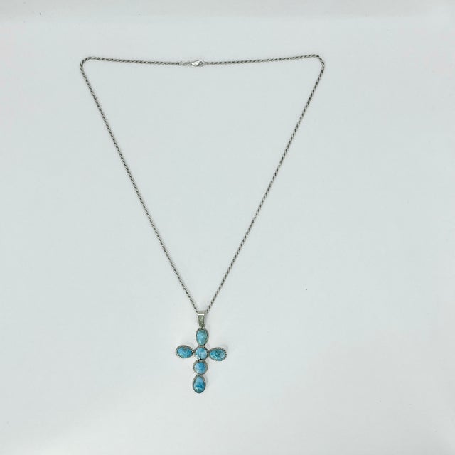 Metal 1970s Vintage Southwestern Boho Chic Religious Blue Larimar & Sterling Cross Pendant Necklace - 23” For Sale - Image 7 of 15