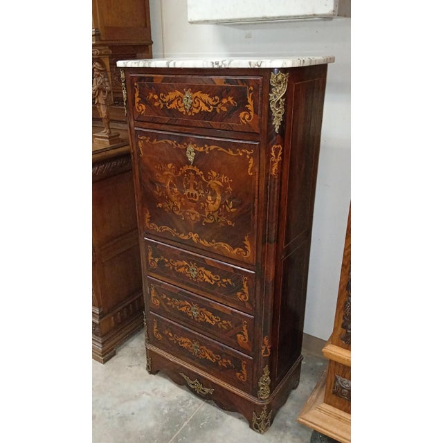 Louis XV Style Drop-Front Secretary in Marquetry Wood with Veined White Marble Top For Sale - Image 6 of 7