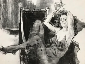 Lounging in a Catsuit Original Charcoal Illustrative Drawing by David Beynon Pena