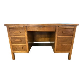 Vintage Solid Oak Pedestal Desk With Drawers For Sale