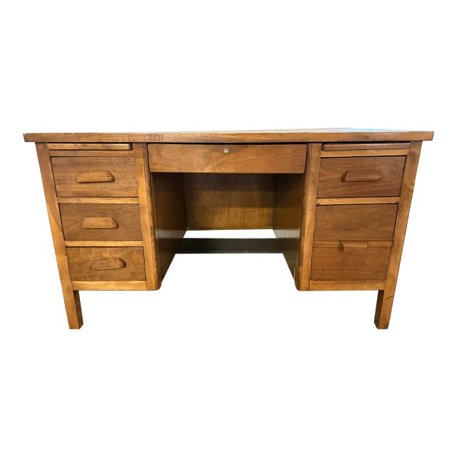 Vintage Solid Oak Pedestal Desk With Drawers For Sale