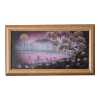 Mid Century Japanese Landscape Mount Fuji With Fishermen Painting For Sale