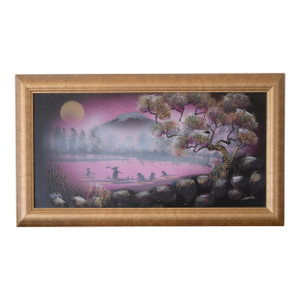 Mid Century Japanese Landscape Mount Fuji With Fishermen Painting