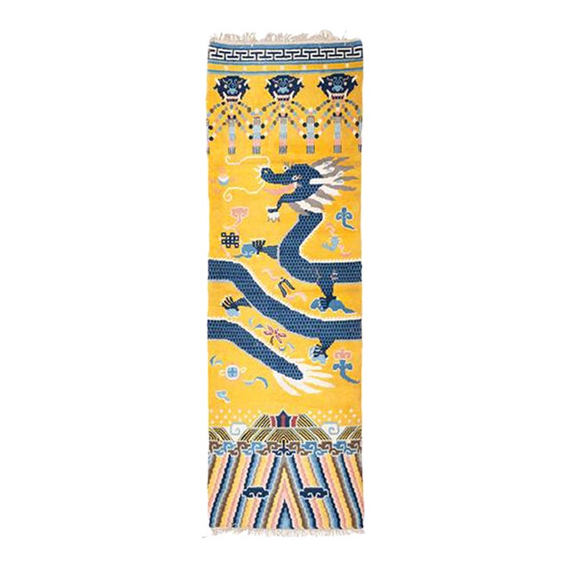 Vintage Chinese Pictorial Pillar Runner in Gold With Dragon Motif - Rug & Kilim For Sale