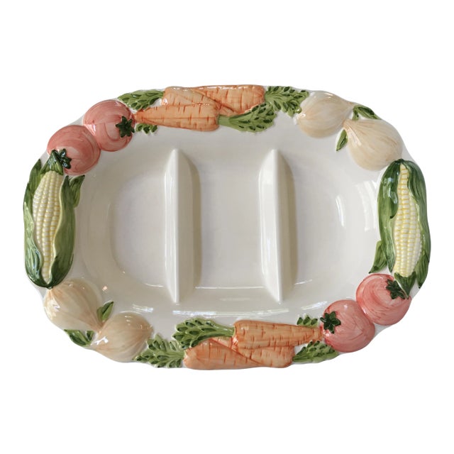 19" Large Hand Painted Divided Vegetable Serving Platter - Made in Portugal For Sale