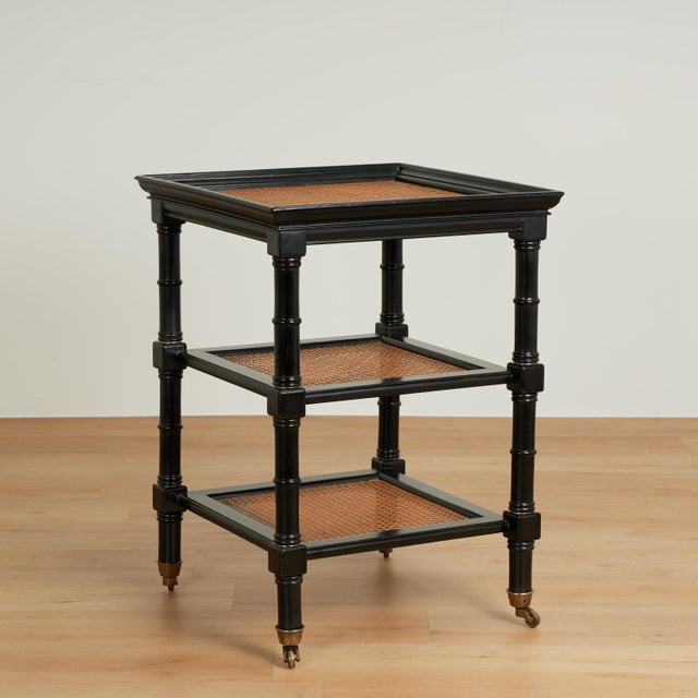 Pair of Vintage British Colonial Style Faux Bamboo Three Tiered Caned Stands For Sale - Image 13 of 17