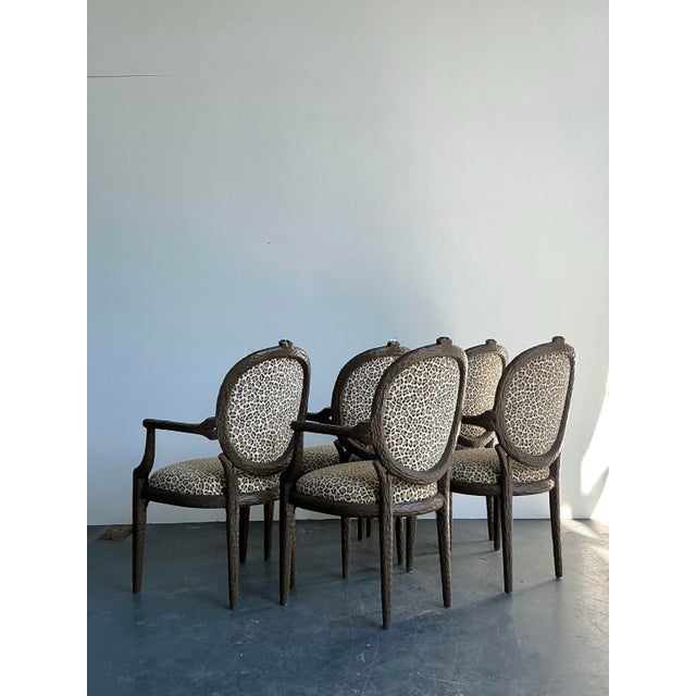 Vintage Boho Faux Bois Leopard Dining Chairs - Set of 5 For Sale - Image 11 of 12
