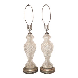 Vintage Pair of 2 Cut Clear Crystal Glass Silver Toned Electric Table Lamps For Sale