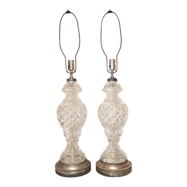 Vintage Pair of 2 Cut Clear Crystal Glass Silver Toned Electric Table Lamps For Sale