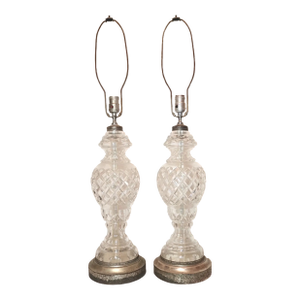 Vintage Pair of 2 Cut Clear Crystal Glass Silver Toned Electric Table Lamps
