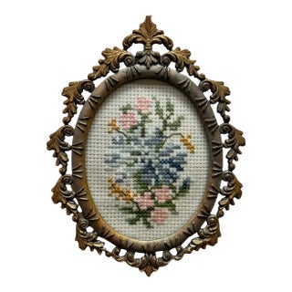 Vintage Italian Ornate Florentine Oval Picture Frame With Needlepoint Floral Insert For Sale
