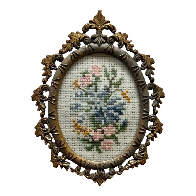 Vintage Italian Ornate Florentine Oval Picture Frame With Needlepoint Floral Insert For Sale