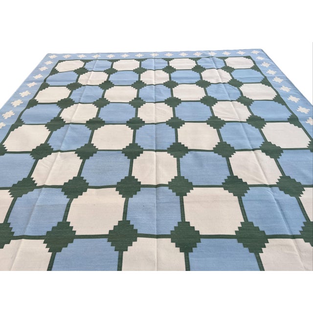Sky Blue Not Yet Made - Made To Order Handmade Cotton Rug Vegetable Dyed Sky Blue and Green Tile Pattern Gingham Dhurrie - 6'x9' For Sale - Image 8 of 11