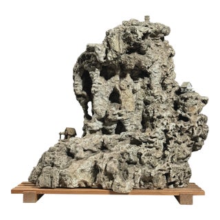 Rare Antique Japanese Suiseki Rock Sculpture With Miniature Houses For Sale