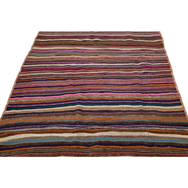 Islamic Vintage Kilim Handmade Flatweave Multicolor Striped Wool Runner For Sale - Image 3 of 10