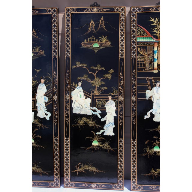 Vintage Chinese Black Lacquer Mother-of-Pearl Inlay Wall Panels - Set of 4 Chinoiserie Scenic Figures & Pagoda Landscape Art For Sale - Image 16 of 18