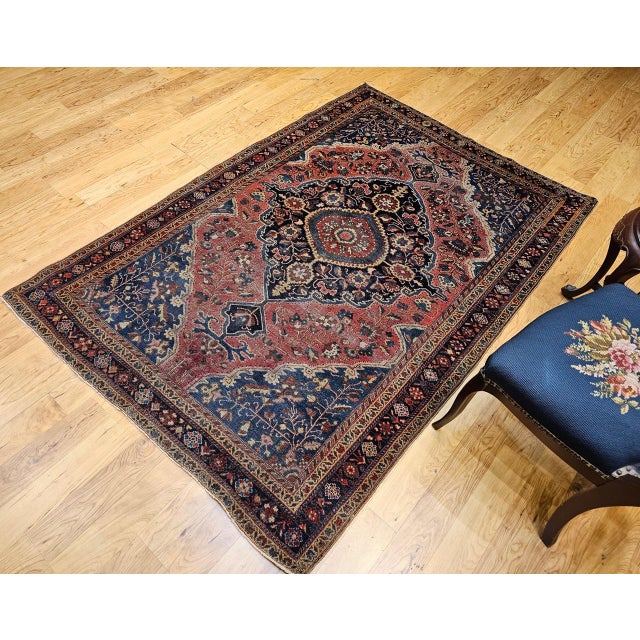 Vintage Persian Farahan Sarouk Rug, Hand-Knotted Wool, Floral Pattern, Rust Red & Blue, 5x7 For Sale - Image 4 of 17
