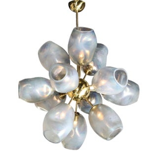 Modernist "Helios" Brass Chandelier W/ Handblown Murano Smoked Cerulean Glass Shades For Sale