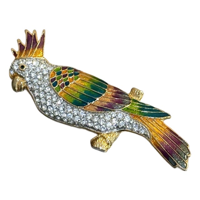 Extra Large Enamel and Rhinestone Gold Tone Parrot Brooch For Sale