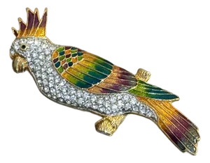 Extra Large Enamel and Rhinestone Gold Tone Parrot Brooch