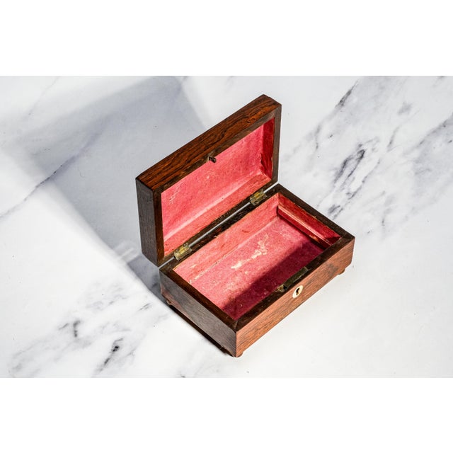 Wood Charming Small Antique Victorian Wood Jewelry Box With Key Inset Mother of Pearl Home Decor For Sale - Image 7 of 13