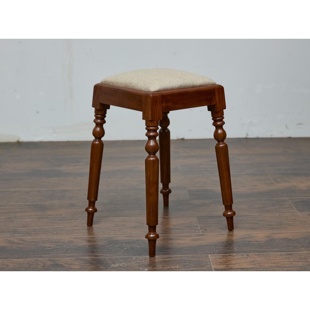 19th Century English Mahogany Stool with Turned Legs and Upholstered Seat For Sale In Atlanta - Image 6 of 12