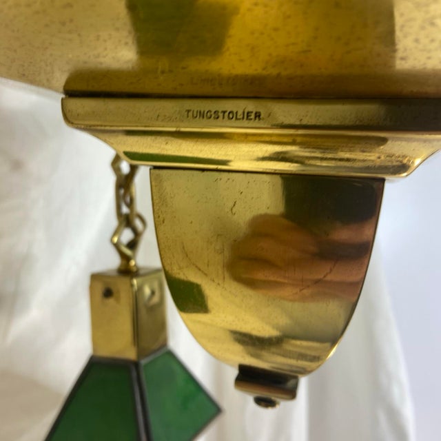 Antique Tungstolier 4 Light Brass Chandelier Mission Arts Craft Green Slag Glass For Sale - Image 4 of 11