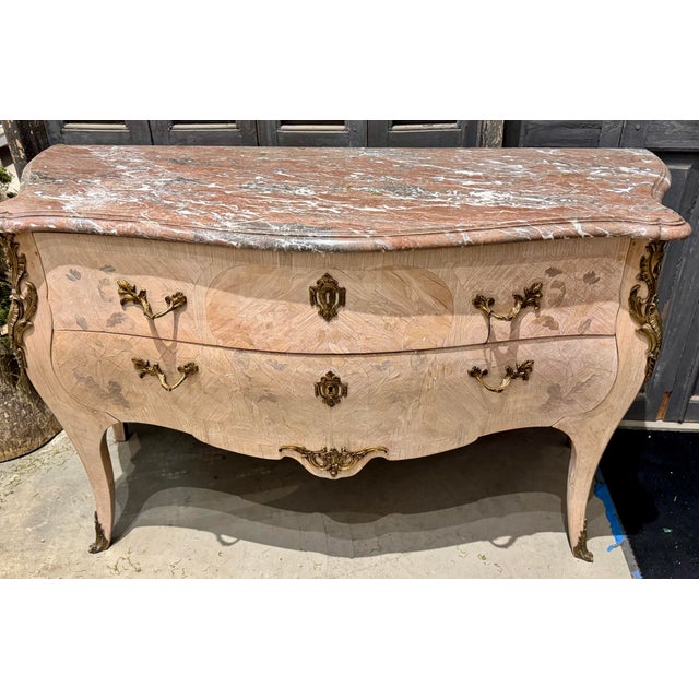 Antique French Louis XV Style Bleached Serpentine 2 Drawer Commode With Marble Top and Ornate Brass Accents - Circa 1900....