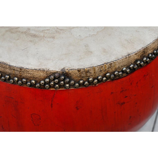Monumental Antique 48" Chinese Ceremonial Drum Round Table Red Lacquered For Sale - Image 17 of 18
