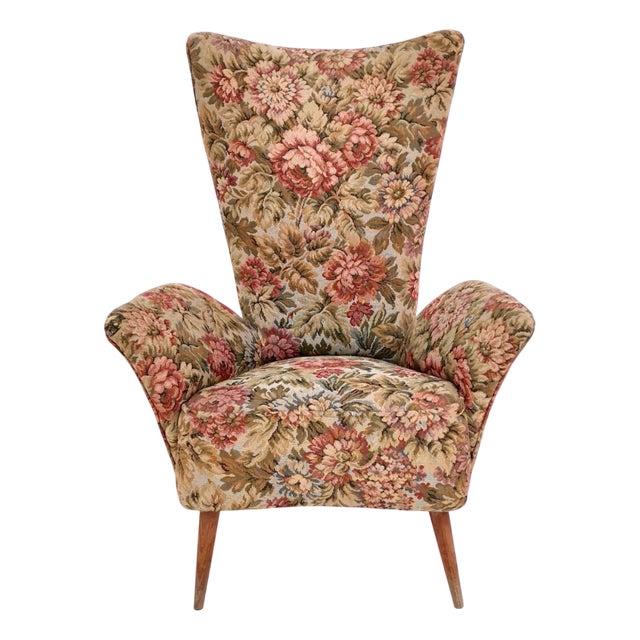 Vintage Floral Fabric Children's Armchair with Wooden Legs, Italy, 1950s For Sale