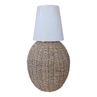 Vintage Ikea Woven Rattan Coastal Boho Table Lamp With White Frosted Glass Shade For Sale