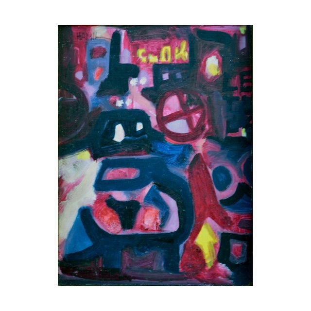 Bright, small abstract expressionist painting of train and town at night by Tom Hamil (American, b. 1928). Signed upper...